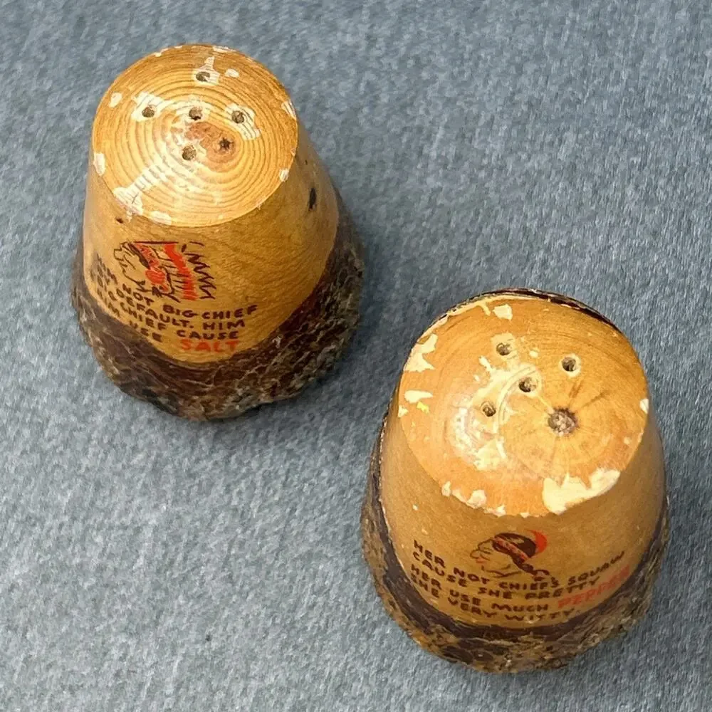 Vintage Real Wood Big Chief Squaw Novelty Salt Pepper Shakers Bark Souvenir